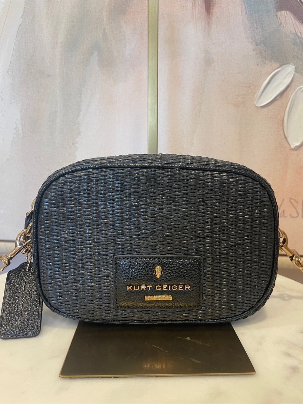 NWOT Kurt Geiger Black Woven Crossbody Camera Bag with Gold Hardware